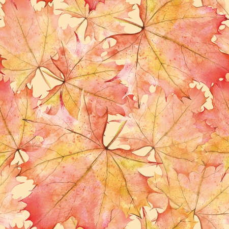 Seamless Watercolor Pattern with Dry Autumn maple Leaves. Seasonal Fallen colorful plants. Hand drawn illustration on white backgroundの写真素材