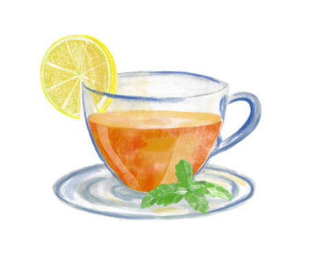 Cup of black Tea with lemon and green mint. Watercolor hand drawn painted illustration of Teacup on white isolated background. Design for menuの写真素材
