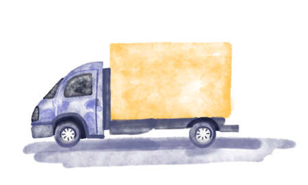 Car for Cargo transportation. Truck of shipping service or transport company. Watercolor hand draw painted illustration of vehicle on white isolated backgroundの写真素材