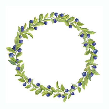 Watercolor hand drawn Wreath with Blueberries. Illustration of Circle frame with Blue Berries and green leaves. Design for postcard or invitation for a wedding. Floral ornament on white backgroundの写真素材