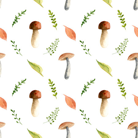 Watercolor Seamless Pattern with Forest plants. Autumn Background with Mushrooms and fall leaves on white background for textile design or wrapping paperの写真素材