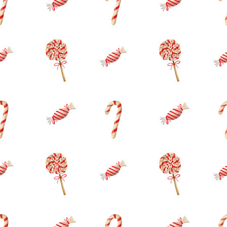 Watercolor Seamless Candy Pattern on white isolated Background. Hand painted illustration with sweets. Design for textile or wrapping paperの写真素材