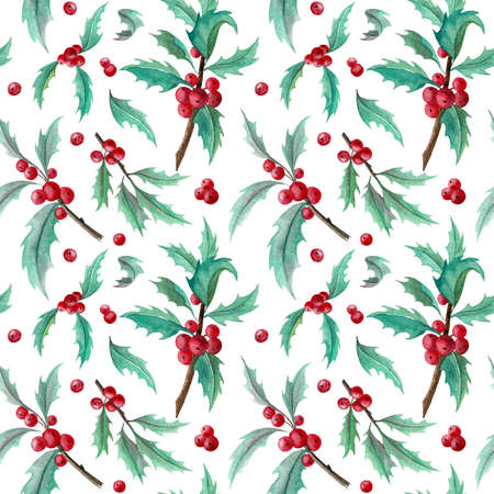 Watercolor Christmas Holly Pattern. Seamless hand painted winter ornament on white isolated Background for wrapping paper or textile design. Botanical illustration with red berry and green leavesの写真素材
