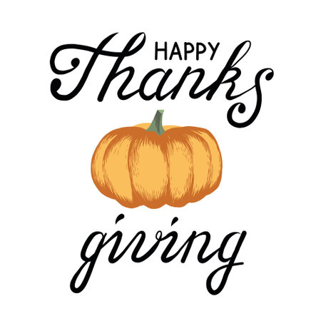 Hand drawn lettering for Happy Thanksgiving Day with orange pumpkin. Vector Fond for icon or postcardのイラスト素材
