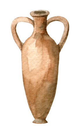 Watercolor greek Clay Pot for olive oil. Hand painted illustration of ceramic Amphora for wine. Antique Jar on white isolated backgroundの写真素材