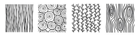 Collection of Vector abstract Textures. Set of Hand drawn nature Backgrounds of wood, bamboo and plant. Black isolated lines on white backdropのイラスト素材