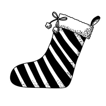 Vector illustration of Christmas Stocking with fur. Silhouette of Hanging Sock for present. Hand drawn art on white isolated backgroundのイラスト素材