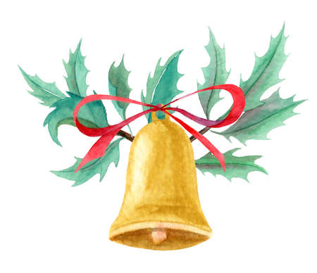 Watercolor Gold Christmas Bell with red Ribbon. Jingle with green branch of Hollyの写真素材