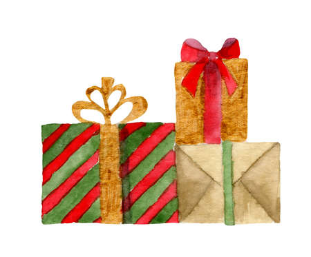 Watercolor Gift Boxes with different ribbons for Birthday. Hand painted illustration of Christmas Presents. Sketch for icon or greeting cards designの写真素材