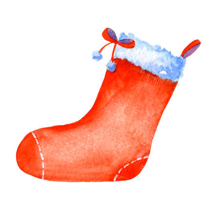 Watercolor hand drawn Red Christmas hanging Sock for gift. Illustration of New Year Stocking for greeting card or icon design in cartoon styleの写真素材