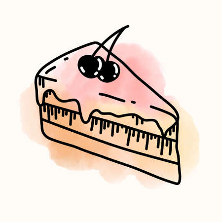 Doodle illustration of Piece of Cake with berry of cherry. Hand drawn Vector Sketch with Watercolor...