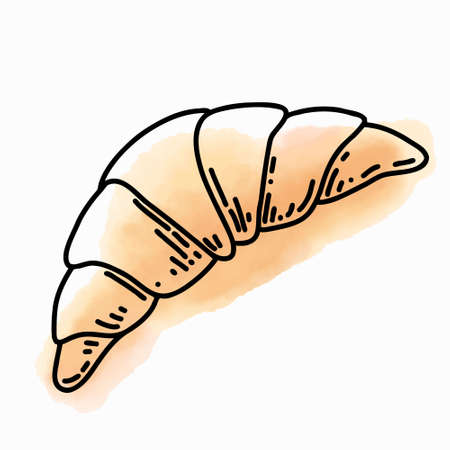 Vector Icon of Croissant with Watercolor spot. Hand drawn Sketch of cartoon Bakery. Drawing of fresh Bread in doodle style for cafe or restaurant menuのイラスト素材