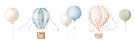 Watercolor Air Balloons set. Aircraft with basket and pennants. Hand painted illustration for Children design in Cartoon style. Vintage old transport with hot air for iconの写真素材
