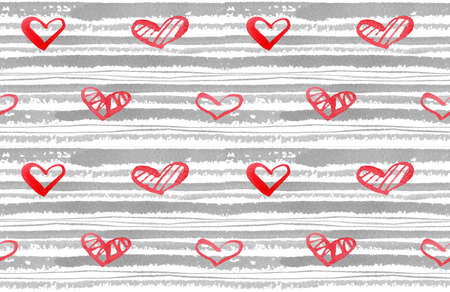 Watercolor Seamless Pattern with gray Stripes and red Hearts in doodle style. Hand drawn Background...