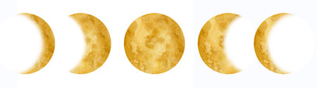 Watercolor illustration of Moon Phases. Hand drawn sketch of Planet. Yellow Crescent on white...