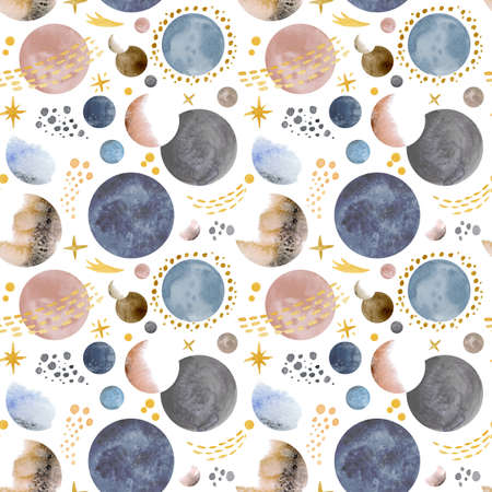 Watercolor seamless Pattern with Planets, comets and stars. Illustration of Space. Hand painted background with Galaxy for wrapping paper. Sketch of Universe for banner or textile designの写真素材