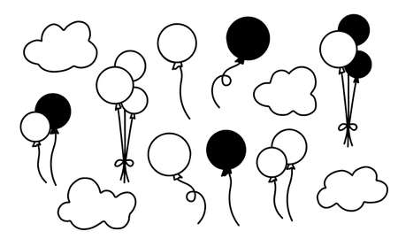 Vector set with hot air Balloons and Clouds. Hand drawn illustration for birthday or greeting cards. Collection with black Silhouettes on white isolated backgroundのイラスト素材