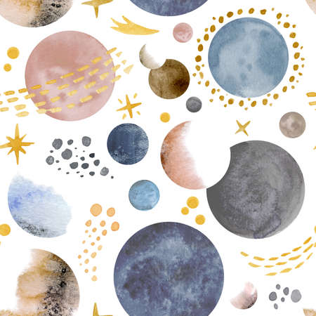 Seamless watercolor Pattern with Planets and Comets in Space. Background with a hand painted Galaxy. Drawing of a space system for childrens bed linen or wrapping paperの写真素材