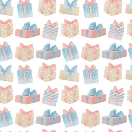 Pattern with Gift Boxes. Hand drawn watercolor Seamless Background. Presents with ribbons and bows in pastel colors. Backdrop for wrapping paper or bannerの写真素材