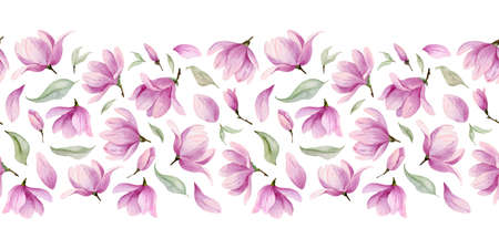 Floral watercolor Border. Seamless Pattern with pink Flower Magnolia for background. Template for frame. Botanical ornamentの写真素材