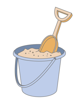 Kid Bucket with small Shovel and Sand. Vector illustration with baby Pail in cute pastel blue and beige colors. Plastic sandbox toy for icon or logoのイラスト素材