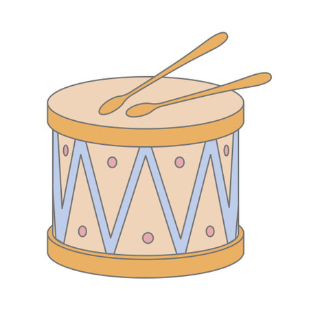 Drum baby Toy in cartoon style. Vector illustration of kid Snare and sticks for icon or logo. Wooden childish musical instrument with drumsticks in cute pastel blue and pink colorsのイラスト素材