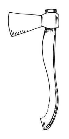 Sketch of Axe. Vector hand drawn illustration of Hatchet in doodle style. Drawing of travel equipment. Black drawing on white isolated backgroundのイラスト素材