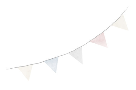 Watercolor hand drawn Garland in cute blue and pink Pastel colors. Colorful Triangular Pennants for party or festive design on white isolated backgroundの写真素材