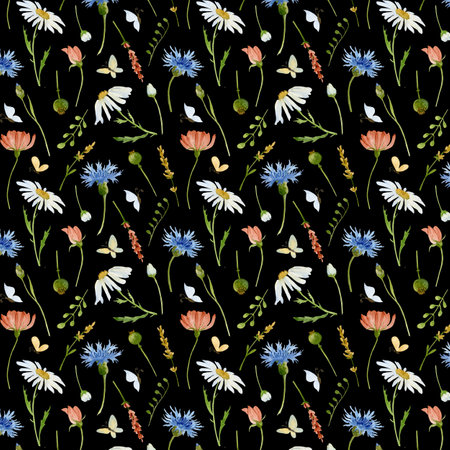 Seamless watercolor floral pattern. Wild field Flowers on dark black background. Hand drawn print with Chamomile and Cornflower. Illustration for wrapping paper or textileの写真素材