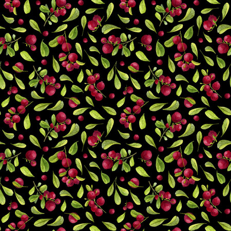 Seamless pattern with red Cranberry on black background. Watercolor wild Lingonberry with green...