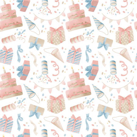 Watercolor Seamless Pattern for Happy Birthday. Hand drawn Background with cakes, gift boxes, balloons and party decoration for wrapping paper or textile. Backdrop on isolated background for party.の写真素材