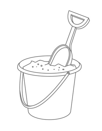 Sand Basket with Pail. Baby Toy in outline style. Vector kid illustration of shovel for sandbox. Drawing for icon or logo on isolated background in black and white colors. Line art sketch.のイラスト素材