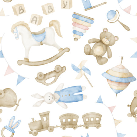 Seamless Pattern with Watercolor Baby Toys such as retro rocking horse and teddy bear on isolated background. Hand drawn backdrop with train for child in pastel blue and beige colors. textile design.の写真素材