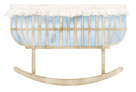 Watercolor Baby Cradle. Hand drawn illustration of Crib for Child on isolated background. Cot in cute pastel blue and beige colors. Bed for boy or girl. Sketch for newborn party in retro boho style.の写真素材