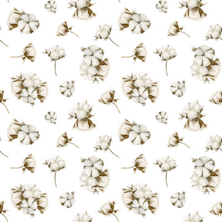 Watercolor seamless Pattern with Cotton balls. Hand drawn isolated background with fluffy plants in pastel white and beige colors. Botanical Print for textile design or wrapping paper in organic styleの写真素材