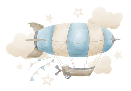Vintage Airship with garlands and clouds in pastel blue and beige colors on isolated background. Hand drawn watercolor illustration for Baby shower greeting cards. Retro Aerostat in steampunk style.の写真素材