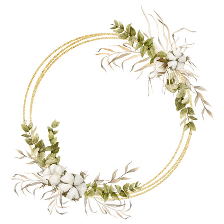 Circle Wreath with Cotton flowers and Eucalyptus branches. Hand drawn watercolor round Frame with golden texture on isolated background for greeting cards or wedding invitations in pastel colors.の写真素材