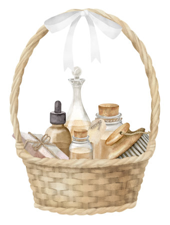 Basket with Spa Supplies on isolated background. Hand drawn watercolor illustration of wicked object with bathroom cosmetics in beige colors. Soap and bottle of lotion for body care. Eco toiletries.の写真素材