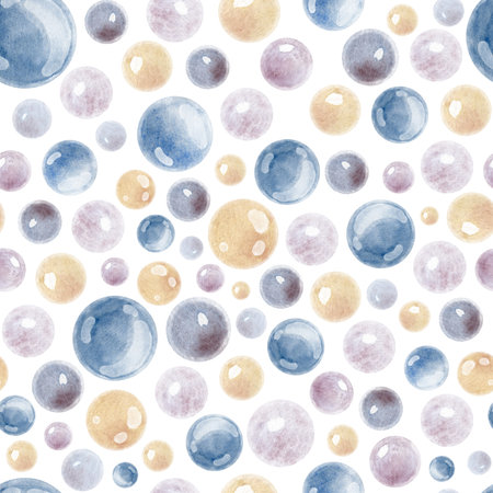 Watercolor Bubbles seamless Pattern. Hand drawn illustration of round colorful elements on isolated background for wrapping paper or textile design. Backdrop with blue circles for wallpaper or fabric.の写真素材