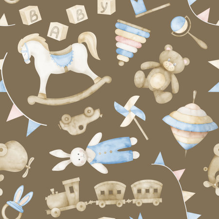 Baby Toys seamless Pattern in brown background. Hand drawn watercolor illustration with rocking horse and teddy bear. Ornament in pastel colors for childish textile or kid wallpaper. Drawing for paperの写真素材