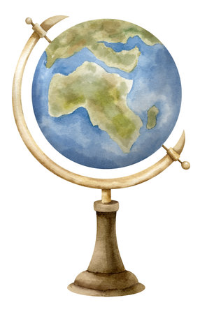 Watercolor Globe. Hand drawn illustration of vintage model of earth on wooden stand on isolated white background. Drawing of retro map in blue colors for science or education. Sketch for icon or logo.の写真素材