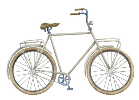 Road Bicycle. Watercolor hand drawn illustration of urban retro classic Bike on isolated white background. drawing of city vintage cute transport with cycle wheels in pastel beige colors for cards.の写真素材
