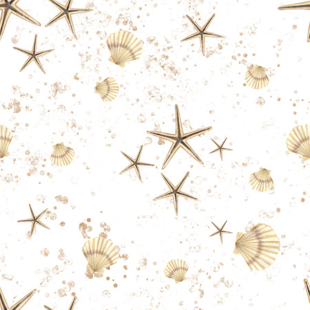 Seashell seamless Pattern. Watercolor hand drawn illustration of Sea Shell backdrop on white isolated background. Underwater cockleshells for wrapping paper or textile design in nautical style.の写真素材