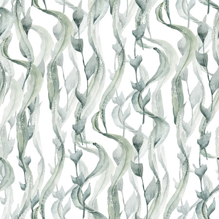Seaweed seamless Pattern with green Laminaria and Algae. Hand drawn watercolor illustration of underwater plants on white isolated background. Ornament for nautical wrapping paper or textile design.の写真素材