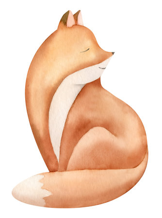Red Fox Baby illustration. Hand drawn watercolor drawing of woodland cute animal in cartoon style for kid shower greeting cards or invitations. Childish forest pet with long tail for nursery print.の写真素材