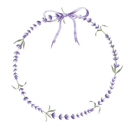 Lavender Wreath. Hand drawn watercolor floral circle Frame on white isolated background. Illustration of Lavandula border. Template for greeting cards or wedding invitations with Provence herbs.の写真素材