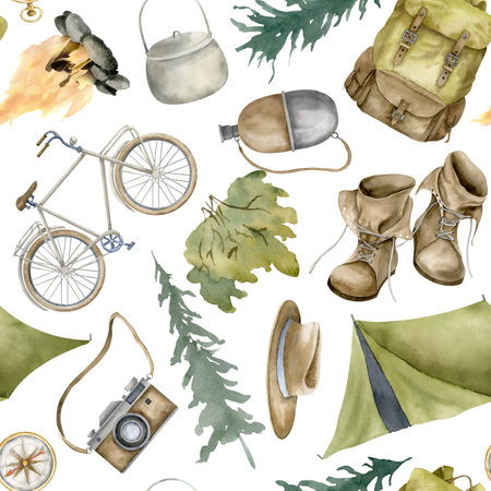Seamless Pattern with Travel equipment for adventure in a Forest. Hand drawn watercolor illustration with exploration tent and bicycle for hiking and camping. Drawing for paper or tourism banner.の写真素材