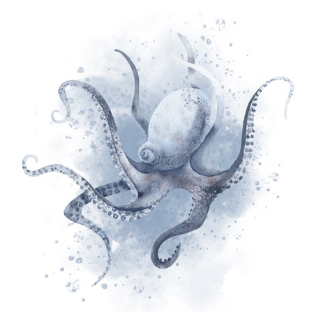 Watercolor Octopus with watercolor water splashes. Hand drawn illustration on white isolated background of wild undersea animal with tentacles. Colorful drawing of marine or ocean underwater life.の写真素材