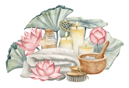 Body care cosmetic and pink Lotus flowers. Hand drawn watercolor illustration with towel and mortar on white isolated background. Toiletries and water lily for spa. Eco product for cosmetology.の写真素材