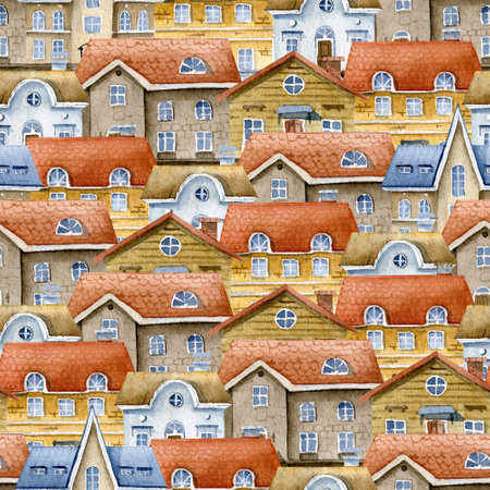 Old Town with Houses seamless Pattern. Hand drawn watercolor illustration of buildings with red roofs. Background with fairytale city for wrapping paper or banner. Texture with Europe street.の写真素材